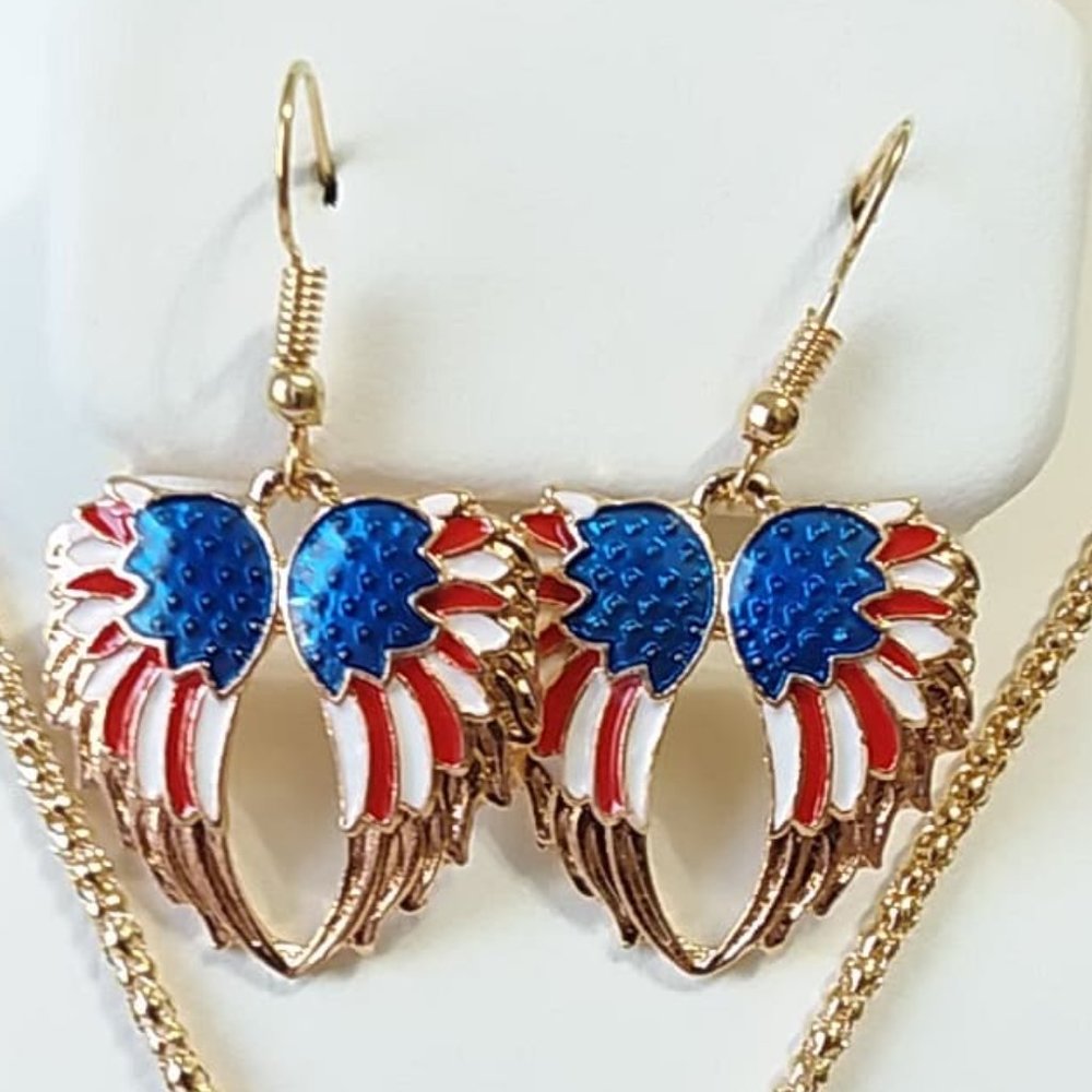 American Flag/ Wings Jewelry Set-Necklace & Earrings - Picture 3 of 4